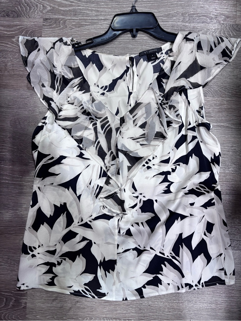 St. John Navy and White Floral Flutter Sleeve Blouse
